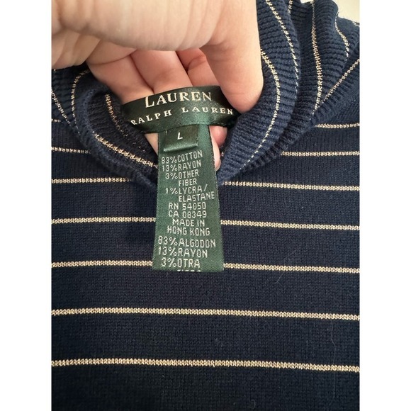 Lauren Ralph Turtle Neck Sweater Navy with Gold Striping Size L - Picture 3 of 4